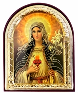 Sacred Heart of Virgin Mary, Arched Icon with Stand