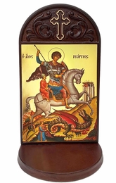 Saint George Icon Wooden Shrine With Shelf 