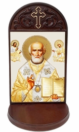 Saint Nicholas, Gold Foil Icon Shrine With Shelf