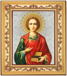 Saint Panteleimon The Healer, Gold Foil Orthodox Icon in Frame 