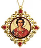 Saint Panteleimon, Jeweled Round Framed Icon with Chain