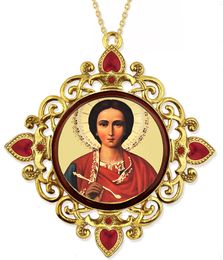 Saint Panteleimon, Jeweled Round Framed Icon with Chain