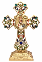 Standing Jeweled Cross with St. Nicholas Icon
