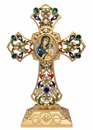 Standing Jeweled Cross with Virgin Mary Eternal Bloom Icon
