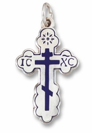 Sterling Silver Three Barred Orthodox  Cross with Dark Blue Enamel 