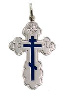 Sterling Silver Three Barred Orthodox  Cross with Dark Blue Enamel 