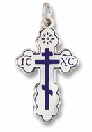 Sterling Silver Three Barred Orthodox  Cross with Dark Blue Enamel 