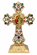The Holy Family Icon in Filigree Standing Jeweled Cross