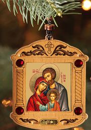 The Holy Family, Wooden Icon Shrine Pendant Ornament on Rope