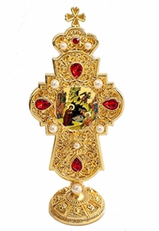The Nativity, Byzantine Gold Foil Icon in Jeweled Standing Cross, 7 Inch