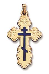 Three Barred Gold Cross with Blue Enamel, Small