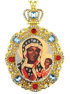 Virgin Mary Czestochowa, Jeweled  Icon Pendant with Chain