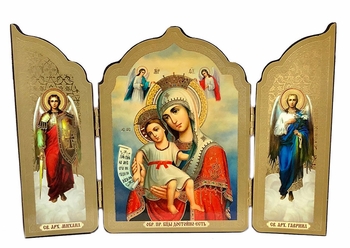 Virgin  Mary "It's Truly Meet" with Archangels, Gold Foil Triptych