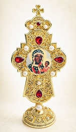 Virgin Mary Czestochowa, Jeweled Standing Cross, 7 Inch
