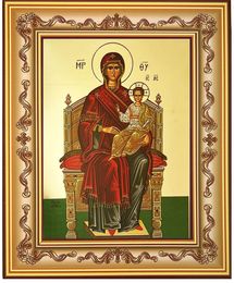 Virgin Mary Enthroned, Wooden Frame Byzantine Icon with Stand