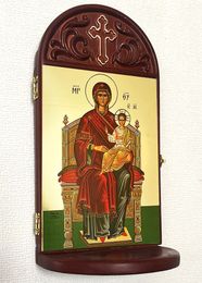 Virgin Mary Enthroned, Gold Foil Greek Icon Wooden Shrine With Shelf  