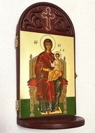 Virgin Mary Enthroned, Gold Foil Greek Icon Wooden Shrine With Shelf  