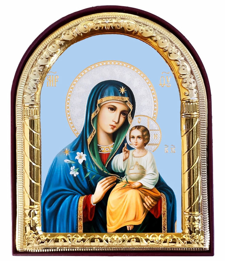 Virgin Mary Eternal Bloom, Arched Orthodox Icon with Stand at Holy