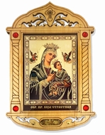 Virgin of Passion Icon in Wooden Shrine with Glass and Incense
