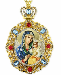 Virgin Mary the Eternal Bloom,  Jeweled  Icon Pendant with Chain
