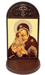 Virgin Mary of Don Icon in Wooden Shrine With Shelf 