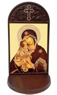Virgin Mary of Don Icon in Wooden Shrine With Shelf 