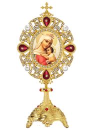 Virgin Mary of Hope Icon in Jeweled Shrine, Red Crystals