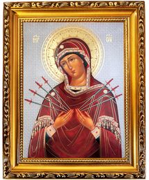Virgin Mary of Sorrows, Wooden Frame Gold Foil Icon with Stand