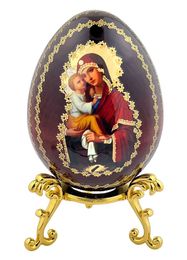 Virgin Mary of Pochaev, Wooden Decoupage Icon Egg with Stand