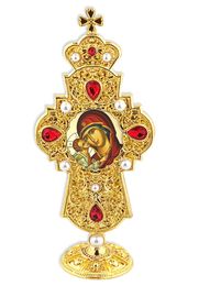 Virgin Mary Sweet Kissing, Jeweled Standing Cross, 7 Inch