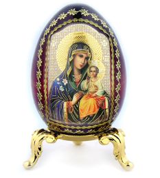 Virgin Mary Eternal Bloom Icon Egg on Gold Metal Stand