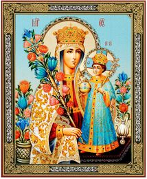 Virgin Mary Unfading Bloom, Gold Foil Orthodox Icon with Stand 