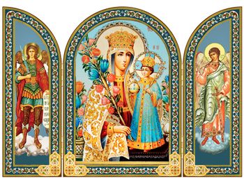 Virgin Mary The Unfading Bloom, Icon Triptych With Archangel and Guardian Angel