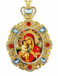 Virgin Mary Zirovitskaya - Flowers, Jeweled  Icon Pendant with Chain