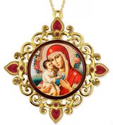 Virgin Mary Zirovitskaya - Flowers, Jeweled Framed Icon with Chain