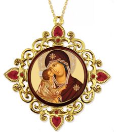 Virgin of Don, Jeweled Round Framed Icon with Chain