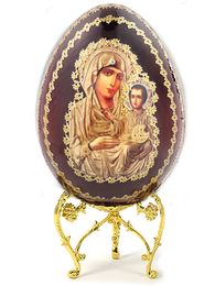 Virgin of Jerusalem, Wooden Decoupage Icon Egg with Stand