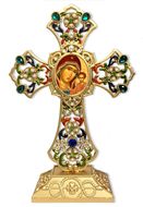 Virgin of Kazan Icon in Filigree Standing Jeweled Cross 