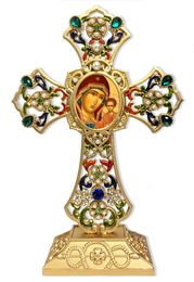 Virgin of Kazan Icon in Filigree Standing Jeweled Cross 