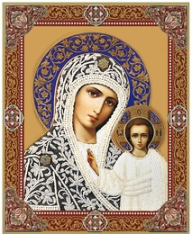 Virgin of Kazan, Orthodox Gold Foil Icon with Stand