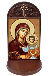 Virgin of Kazan Icon in Wooden Shrine With Shelf 