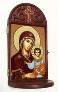 Virgin of Kazan Icon in Wooden Shrine With Shelf 