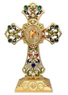 Virgin of Kazan in Filigree Standing Jeweled Cross