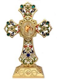 Virgin of Kazan in Filigree Standing Jeweled Cross