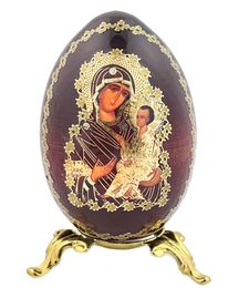 Virgin of Smolensk Icon Egg on Gold Metal Stand