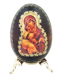 Virgin of Vladimir Icon Egg on Gold Metal Stand