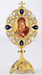 Virgin of Vladimir Icon in Pearl Jeweled Shrine - Monstrance Style