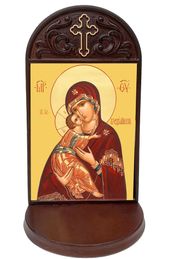 Virgin of Vladimir Icon in Wooden Shrine With Shelf 