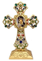 Virgin of Vladimir in Filigree Standing Jeweled Cross