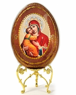 Virgin of Vladimir, Wooden Decoupage Icon Egg with Stand